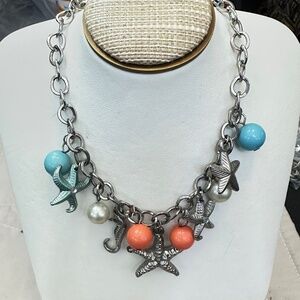 KR Jewelry Silver Tone Dangly Starfish Seahorse & Beaded Chain
